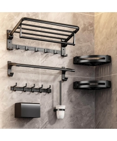 Single Bathroom Rack with Hooks (Black)