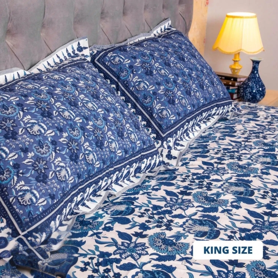 White Blue Print Bed Sheet, 3 image