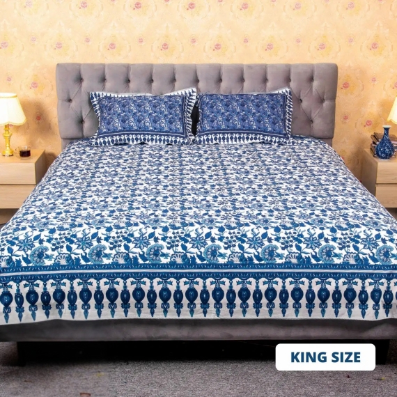 White Blue Print Bed Sheet, 2 image
