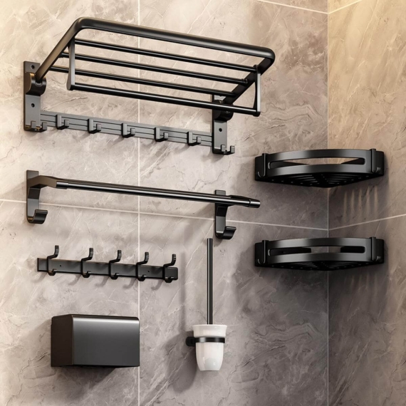 Single Bathroom Rack with Hooks (Black)