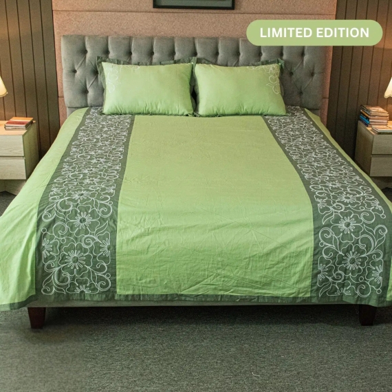 Emerald Bloom Embroidery Bedsheet