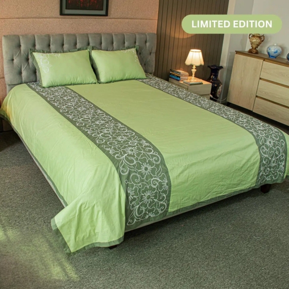 Emerald Bloom Embroidery Bedsheet, 3 image