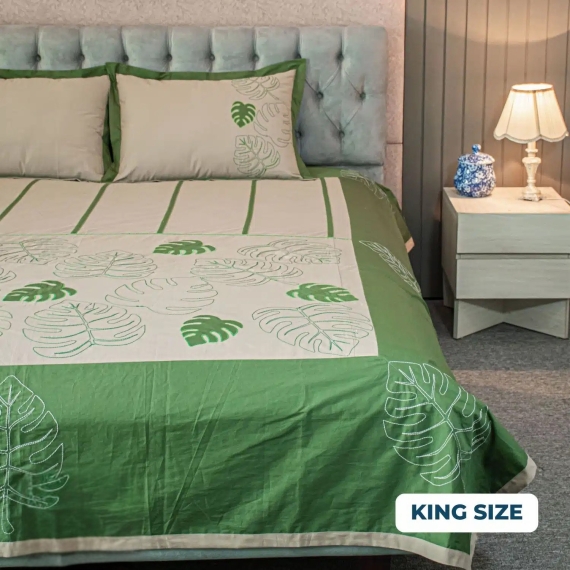 Evergreen Elegance Bedsheet (Hand-Stitched Design)