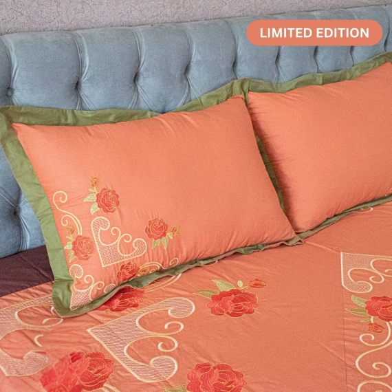 Orange Sunrise Embroidery Bed Sheet, 4 image