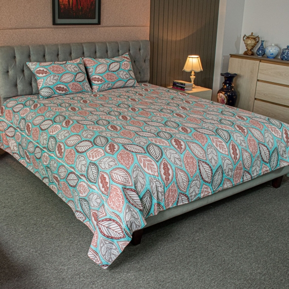 Fallen Leaves Print Bed Sheet – Pastel Blue, 2 image