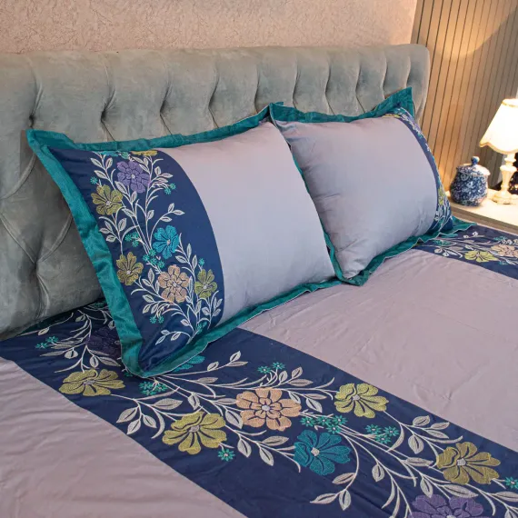 Ash Floral Elegance Embroidery Bedsheet, 3 image