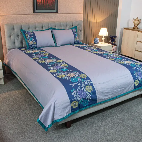 Ash Floral Elegance Embroidery Bedsheet, 2 image