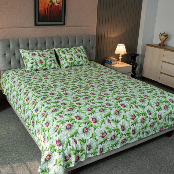 China Rose Print Bed Sheet – Green